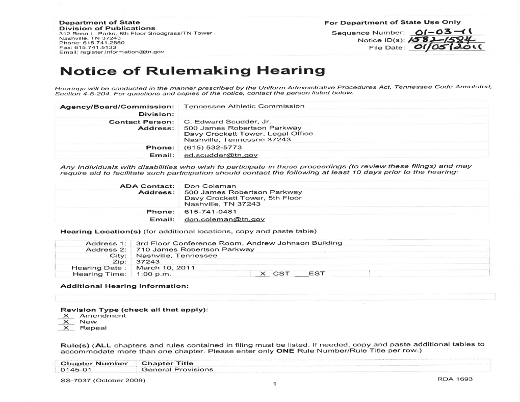 Notice of Rulemaking Hearing