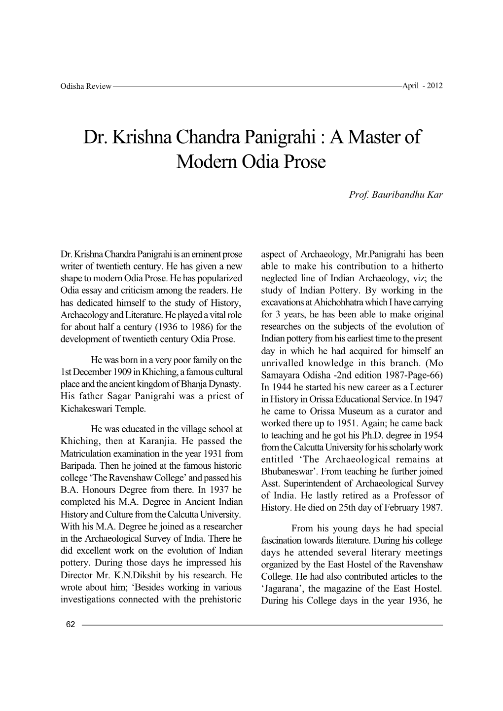 Dr. Krishna Chandra Panigrahi : a Master of Modern Odia Prose