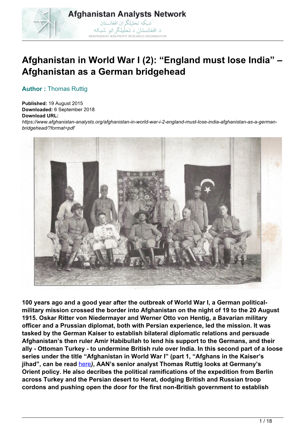 Afghanistan As a German Bridgehead