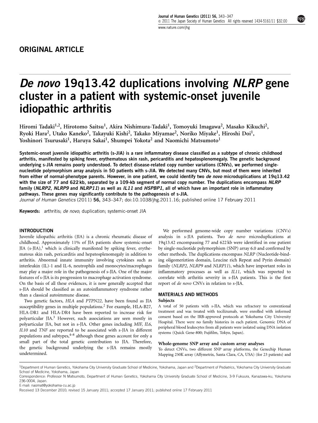 De Novo 19Q13.42 Duplications Involving NLRP Gene Cluster in a Patient with Systemic-Onset Juvenile Idiopathic Arthritis