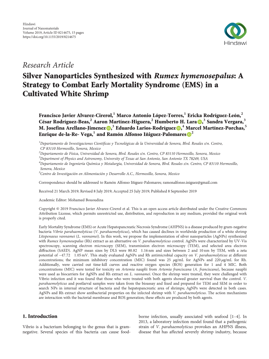 Research Article Silver Nanoparticles Synthesized with Rumex Hymenosepalus:A Strategy to Combat Early Mortality Syndrome (EMS) in a Cultivated White Shrimp
