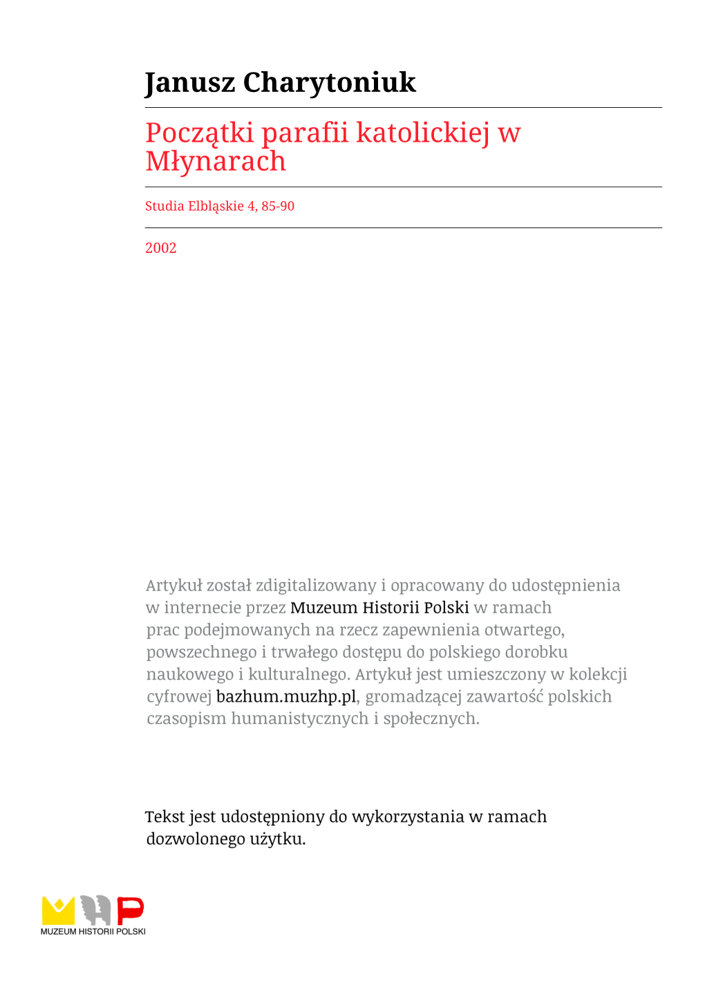 Janusz Charytoniuk Początki Parafii Katolickiej W Młynarach