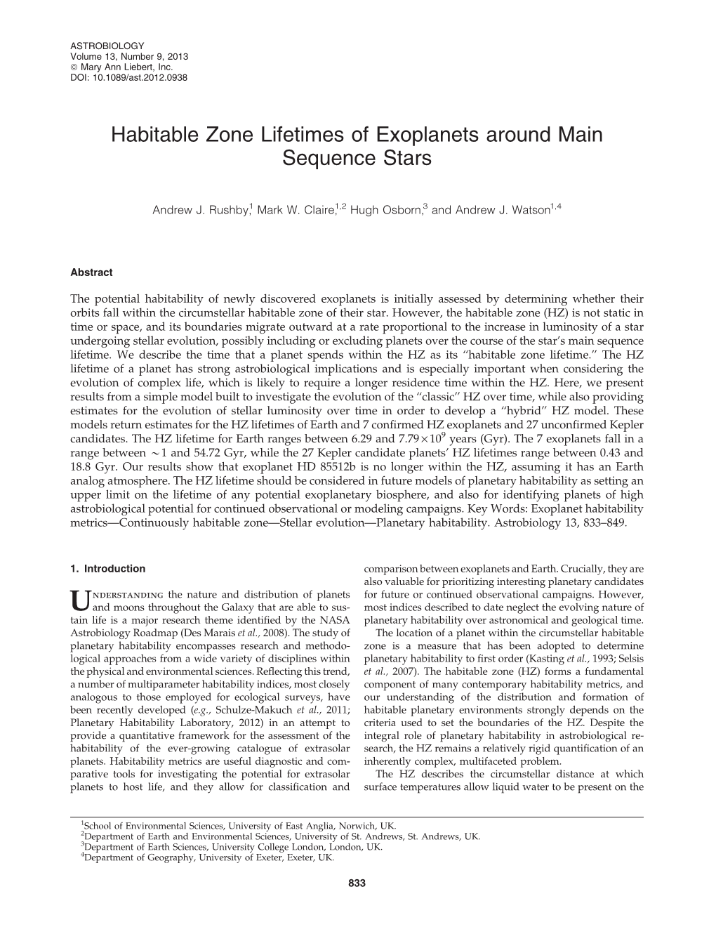 Habitable Zone Lifetimes of Exoplanets Around Main Sequence Stars