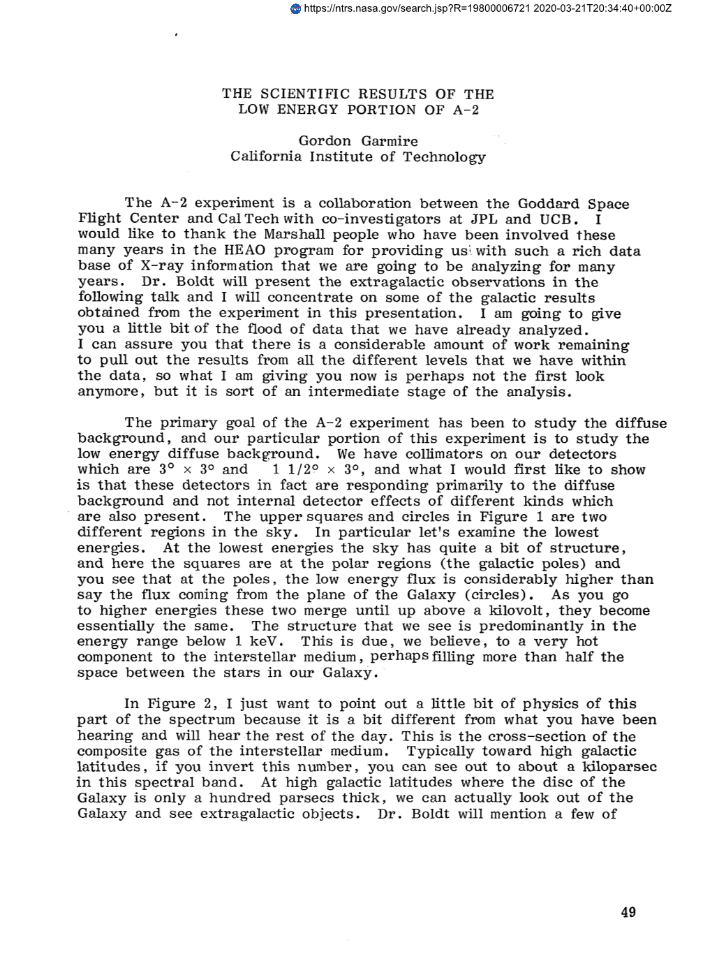 THE SCIENTIFIC RESULTS of the Gordon Garmire California Institute