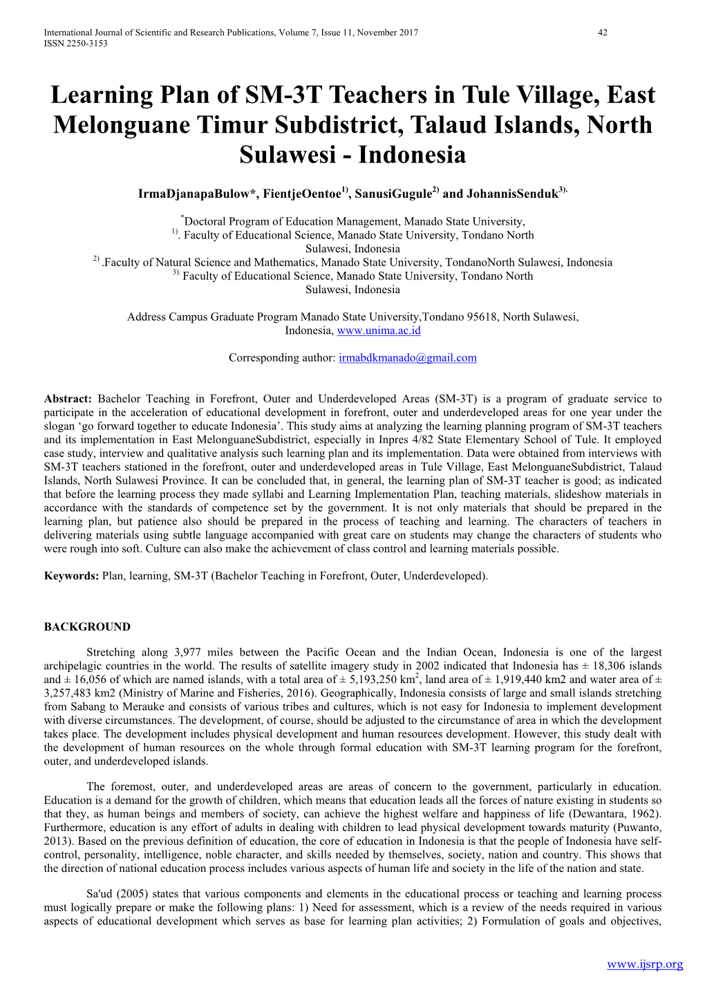 Learning Plan of SM-3T Teachers in Tule Village, East Melonguane Timur Subdistrict, Talaud Islands, North Sulawesi - Indonesia