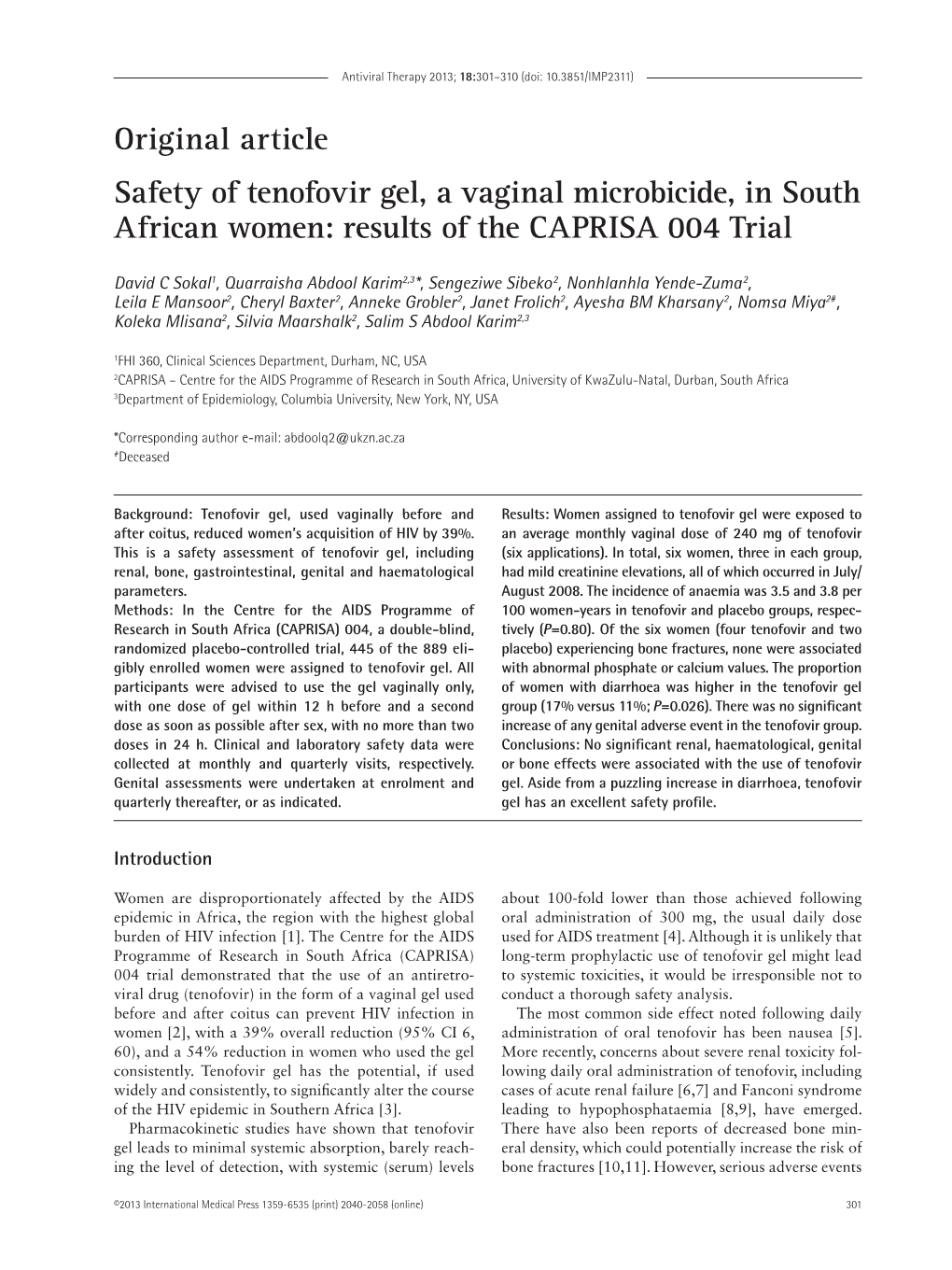 Original Article Safety of Tenofovir Gel, a Vaginal Microbicide, in South African Women: Results of the CAPRISA 004 Trial