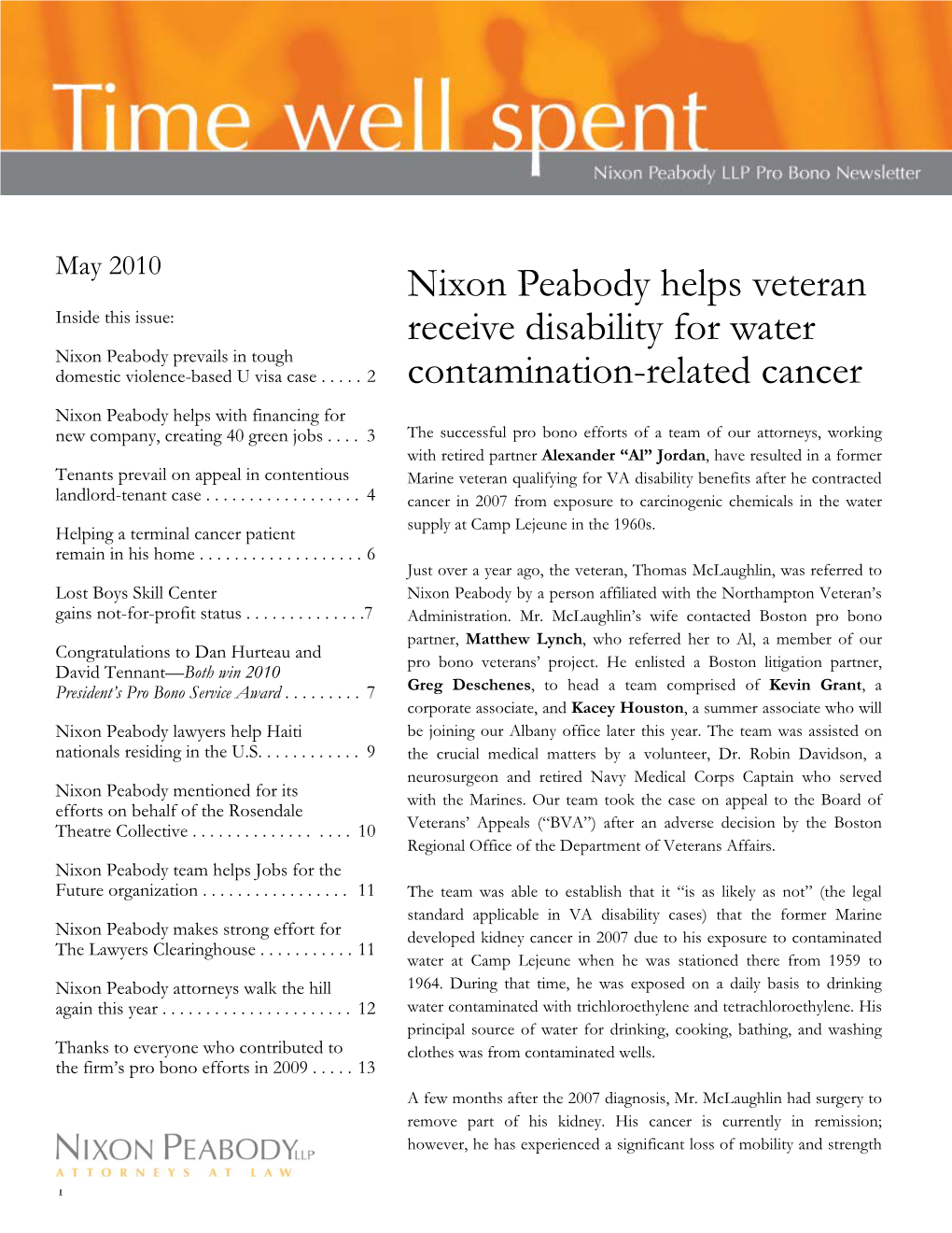 Nixon Peabody Helps Veteran Receive Disability for Water Contamination