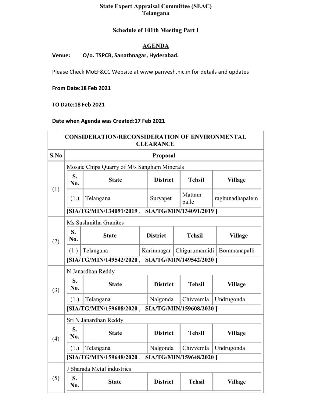 State Expert Appraisal Committee (SEAC) Telangana