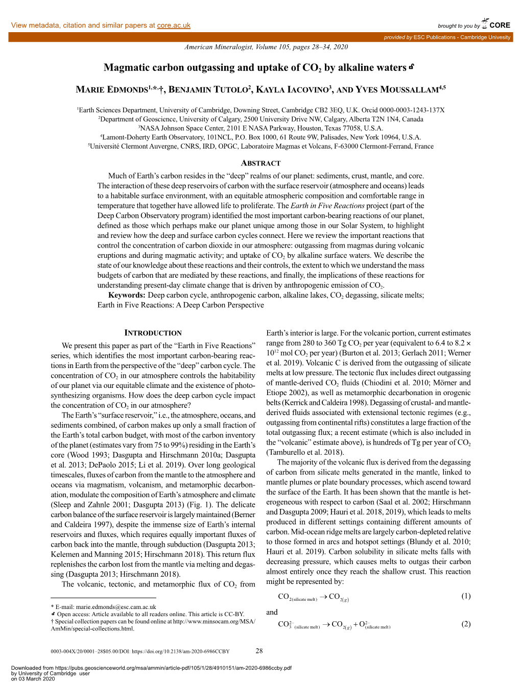 Magmatic Carbon Outgassing and Uptake of CO2 by Alkaline Watersk