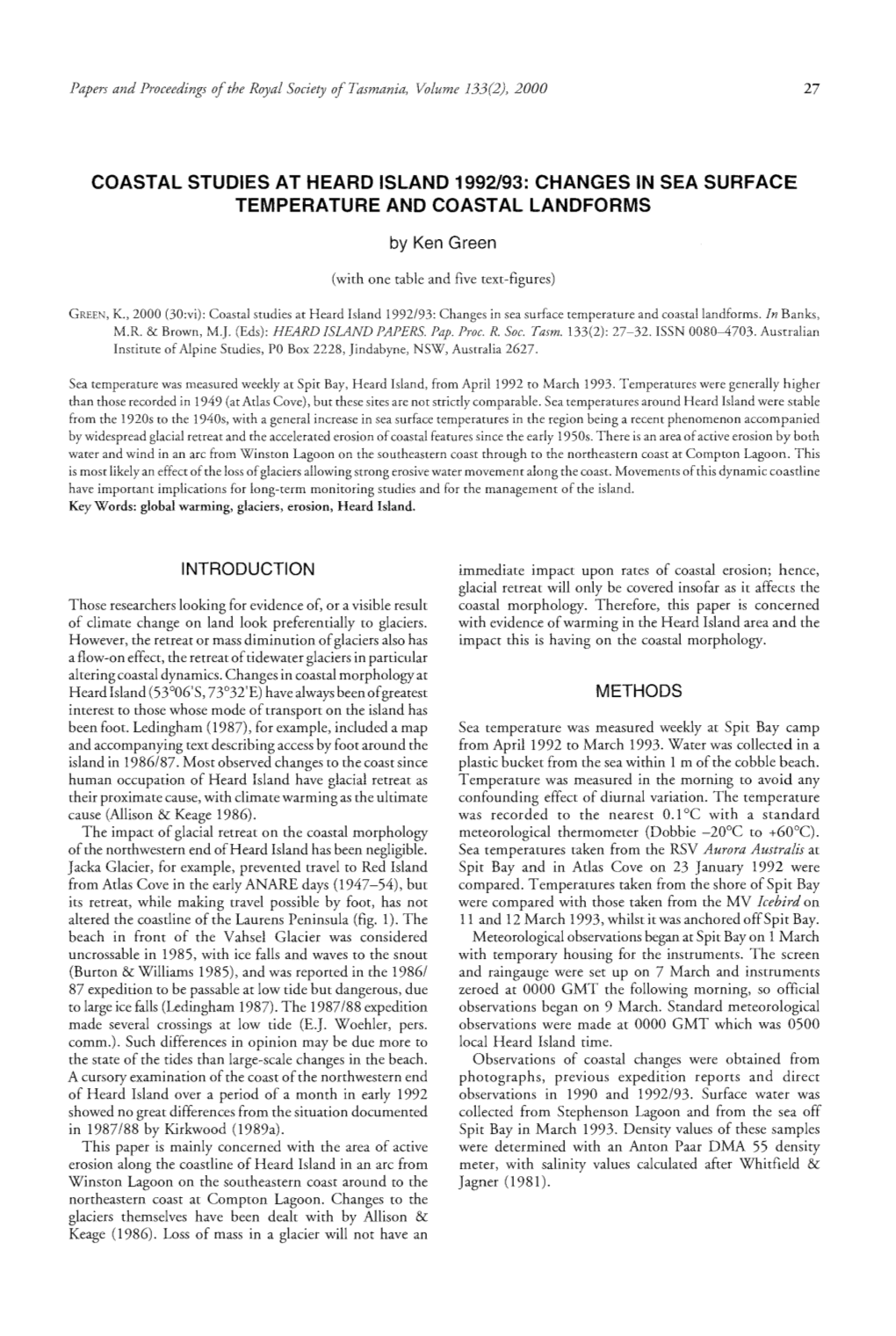 Coastal Studies at Heard Island 1992/93: Changes in Sea Surface Temperature and Coastal Landforms