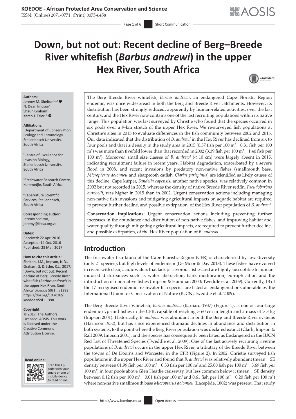 Barbus Andrewi, an Endangered Cape Floristic Region 1,2,3 Jeremy M