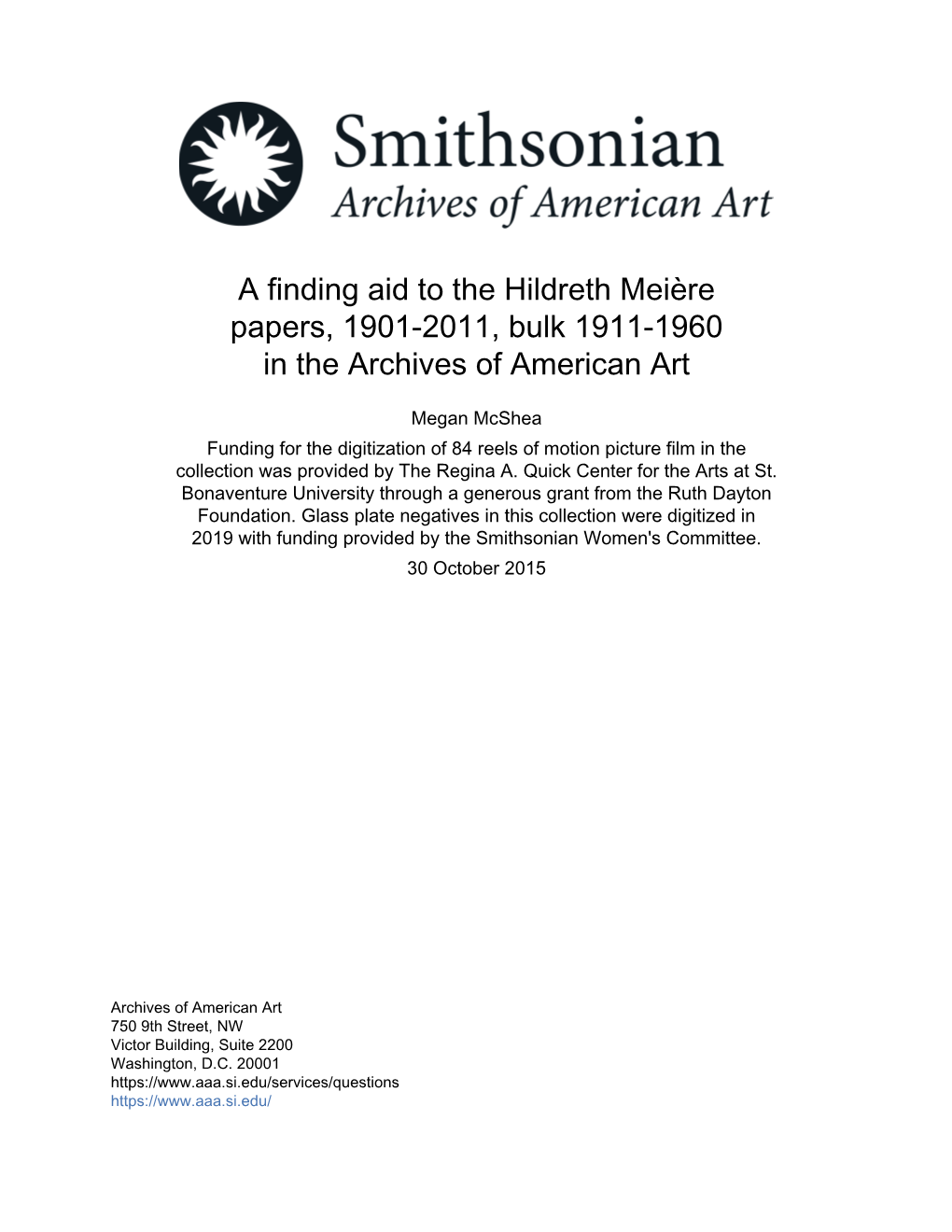 A Finding Aid to the Hildreth Meière Papers, 1901-2011, Bulk 1911-1960 in the Archives of American Art