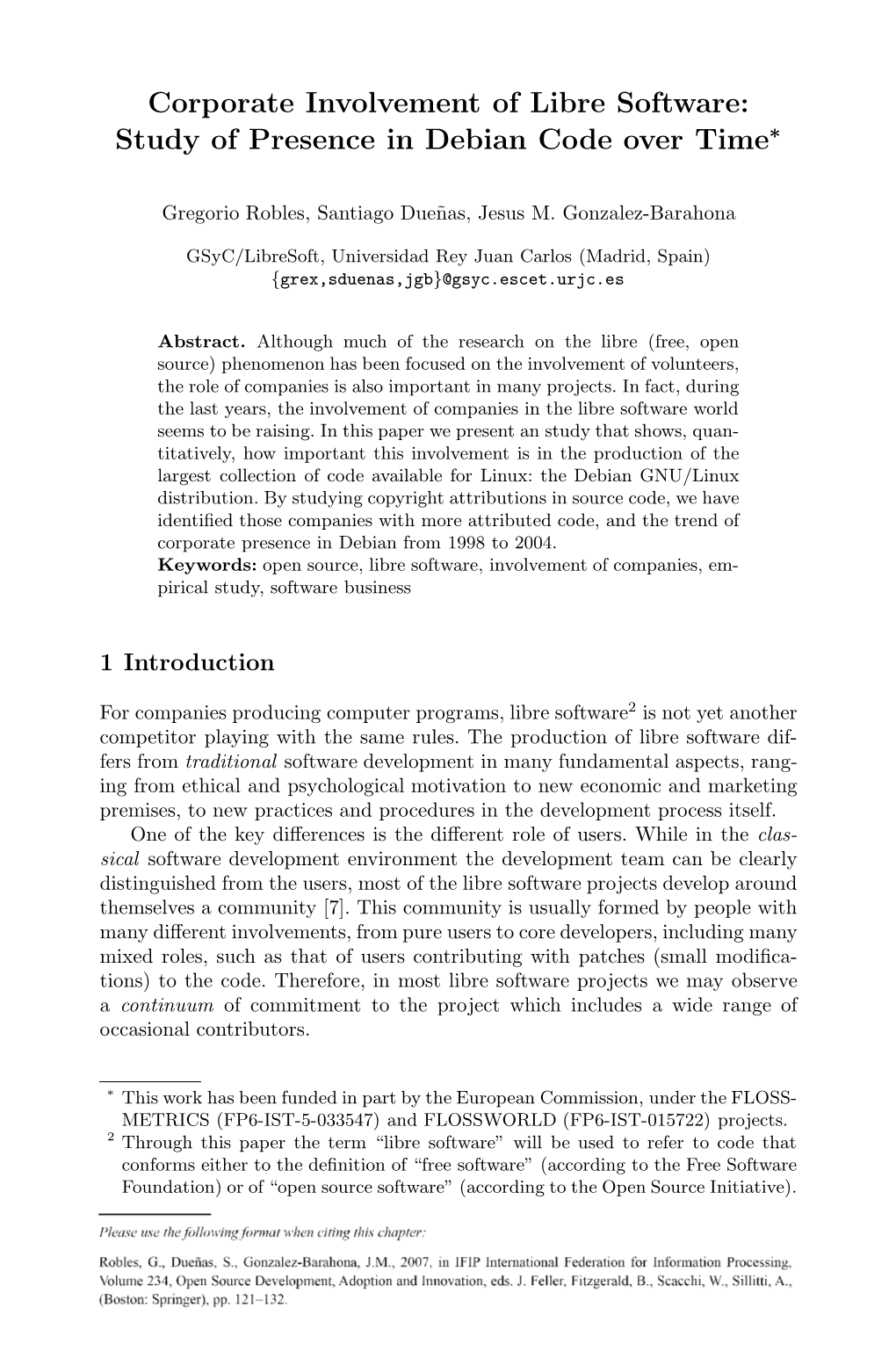 Corporate Involvement of Libre Software: Study of Presence in Debian Code Over Time∗