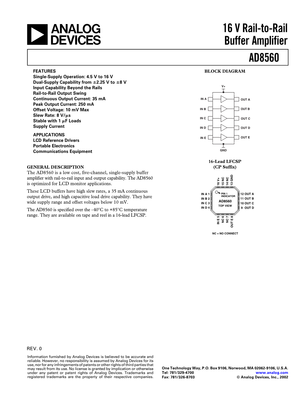 AD8560 16 V Rail-To-Rail Buffer Amplifier Data Sheet (REV. 0)