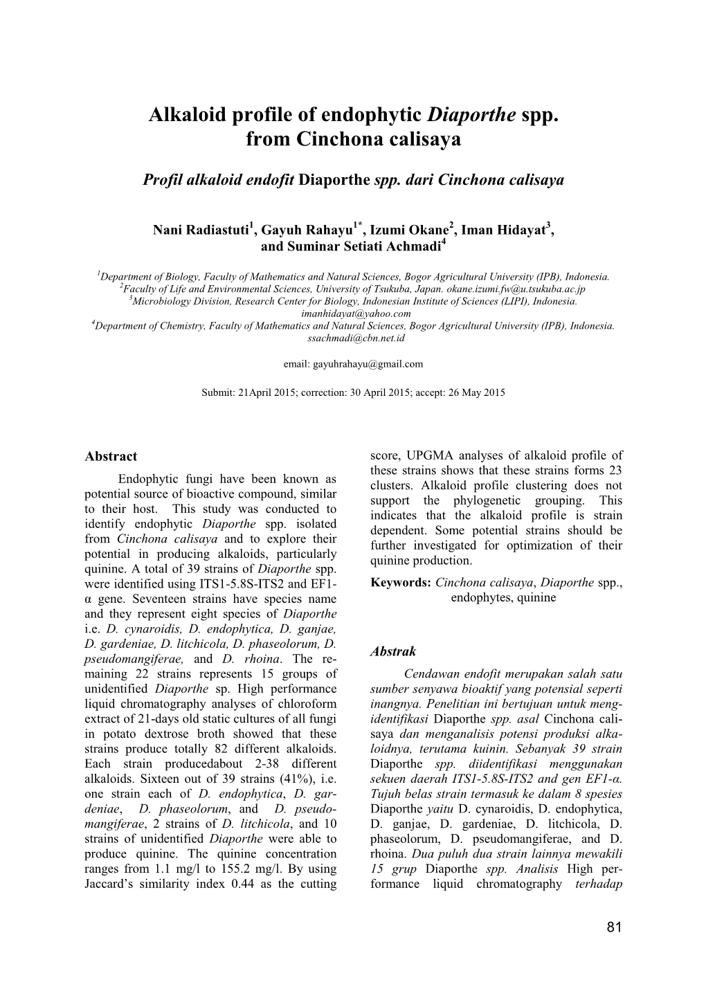 Alkaloid Profile of Endophytic Diaporthe Spp. from Cinchona Calisaya