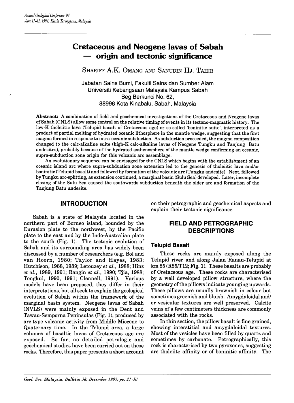 Cretaceous and Neogene Lavas of Sabah - Origin and Tectonic Significance