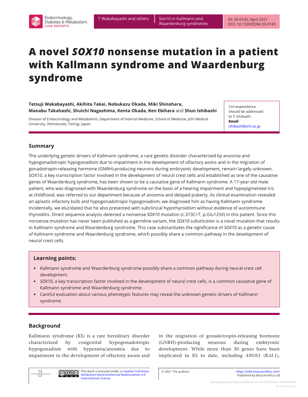 A Novel SOX10 Nonsense Mutation in a Patient with Kallmann Syndrome and Waardenburg Syndrome