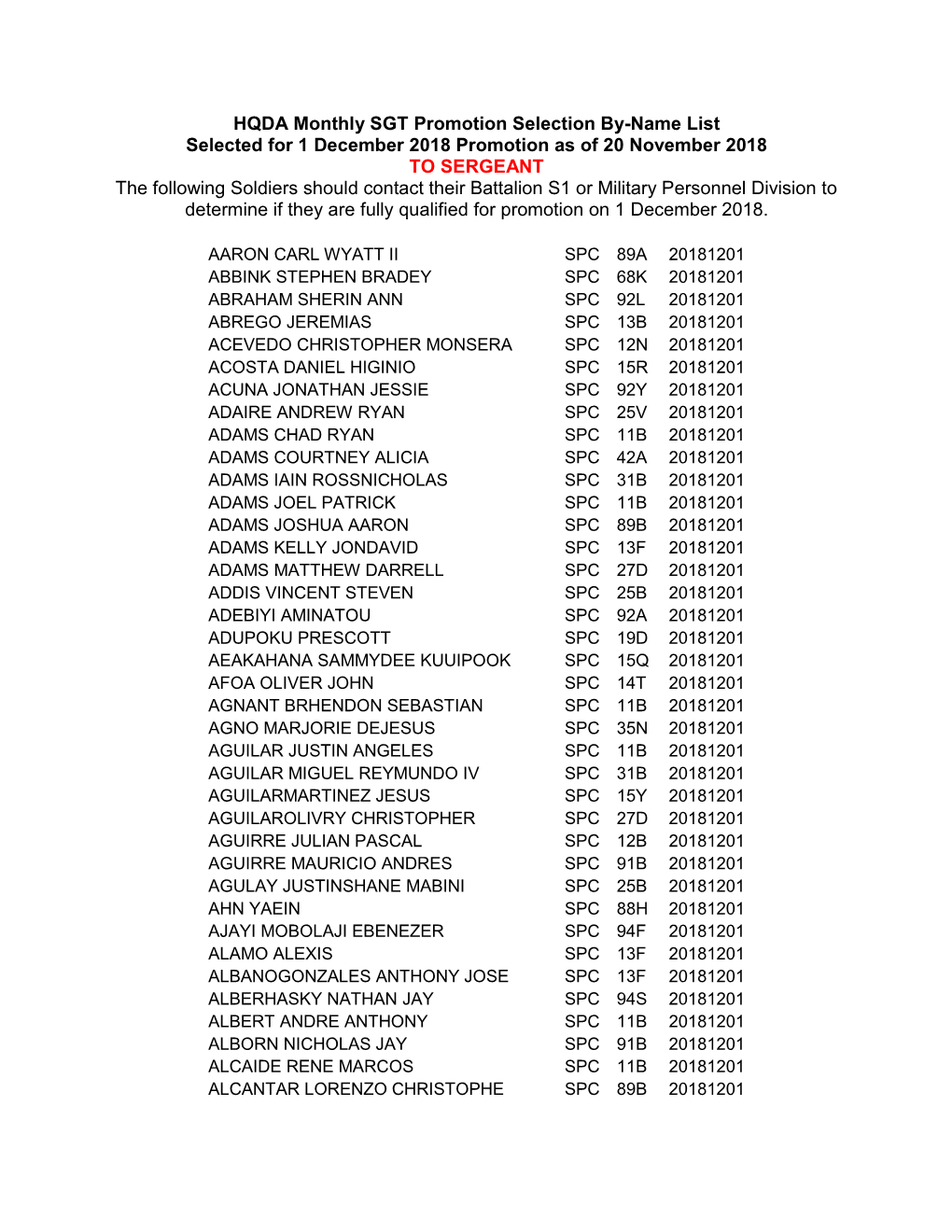 HQDA Monthly SGT Promotion Selection By-Name