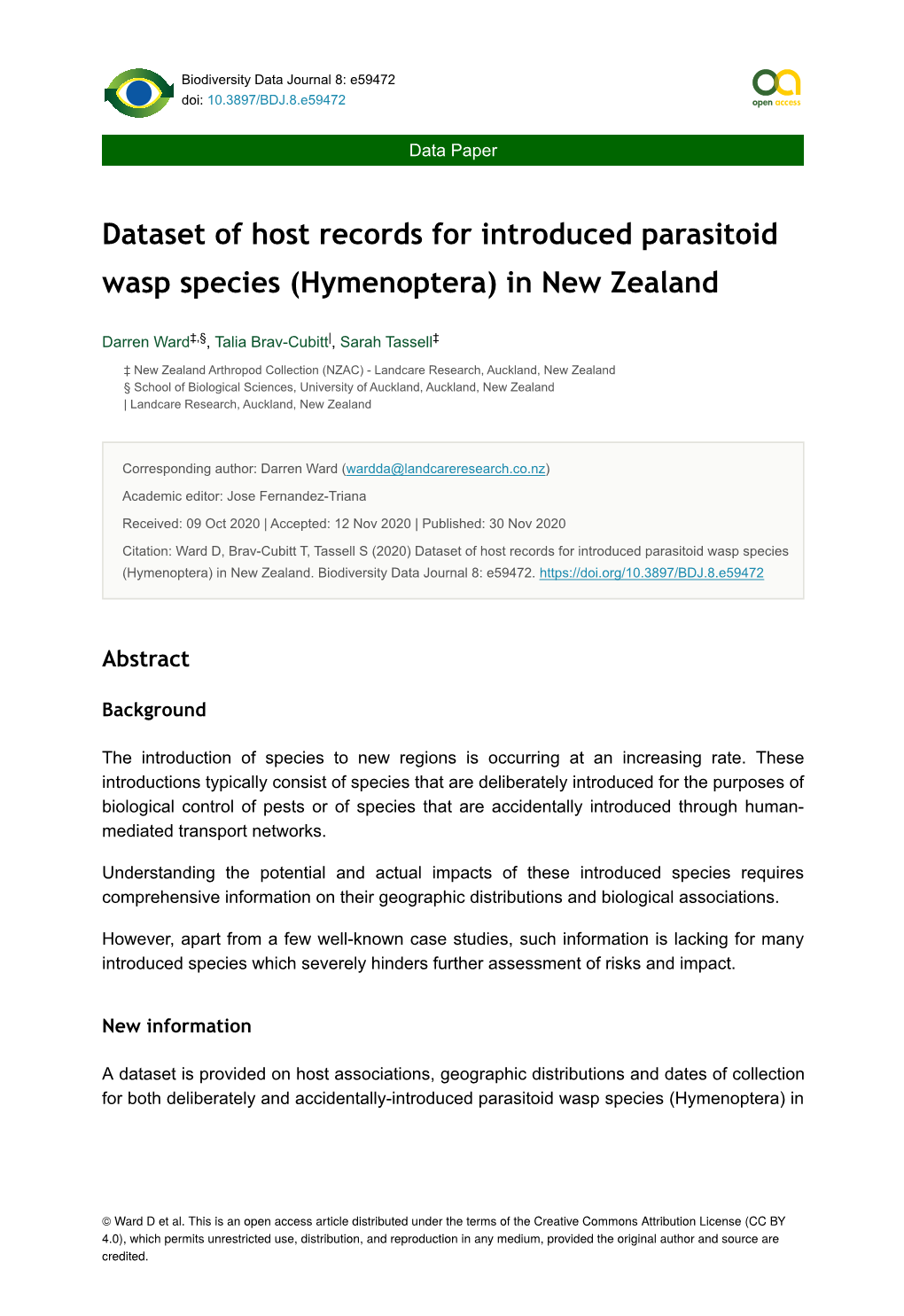 Dataset of Host Records for Introduced Parasitoid Wasp Species (Hymenoptera) in New Zealand