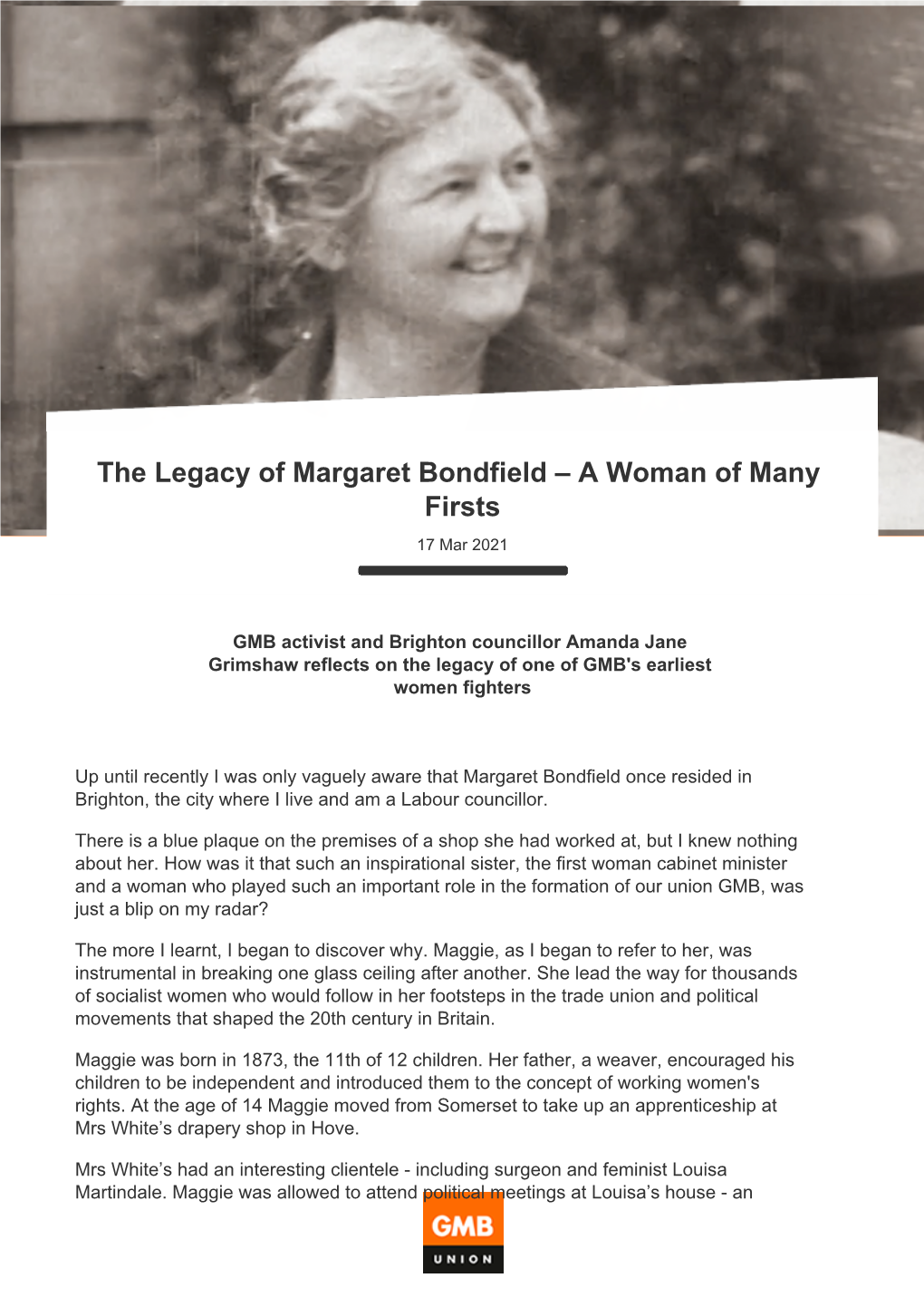 The Legacy of Margaret Bondfield – a Woman of Many Firsts 17 Mar 2021