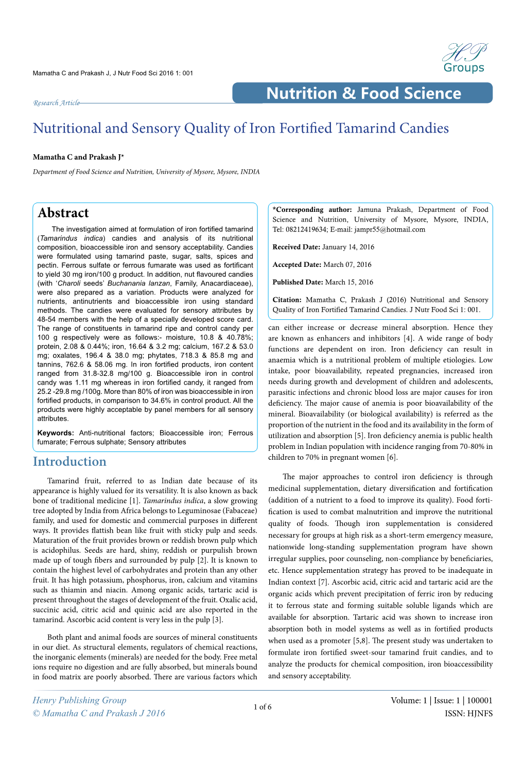 Nutrition & Food Science Nutritional and Sensory Quality of Iron Fortified Tamarind Candies