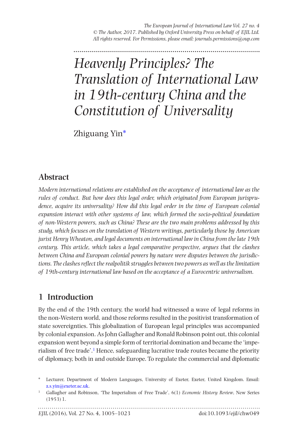 Heavenly Principles? the Translation of International Law in 19Th-Century China and the Constitution of Universality