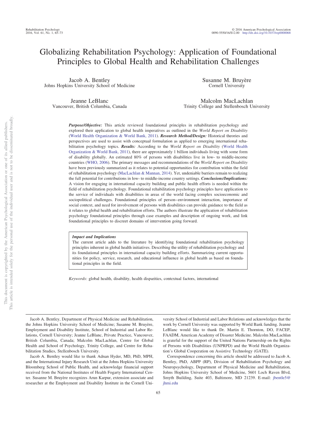 Globalizing Rehabilitation Psychology: Application of Foundational Principles to Global Health and Rehabilitation Challenges