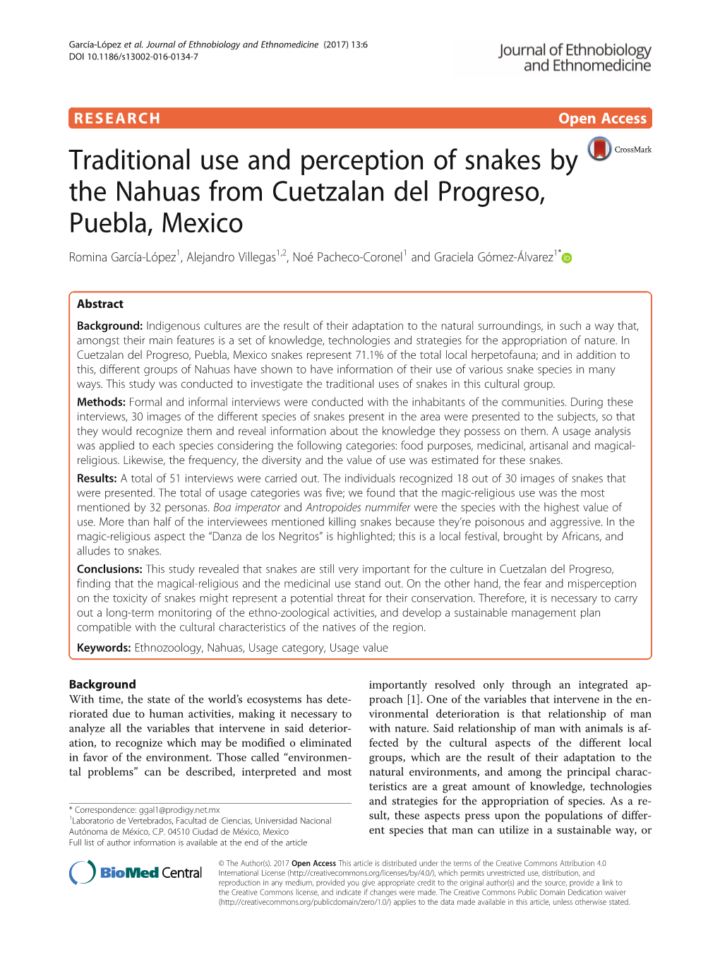 Traditional Use and Perception of Snakes by the Nahuas from Cuetzalan Del Progreso, Puebla, Mexico