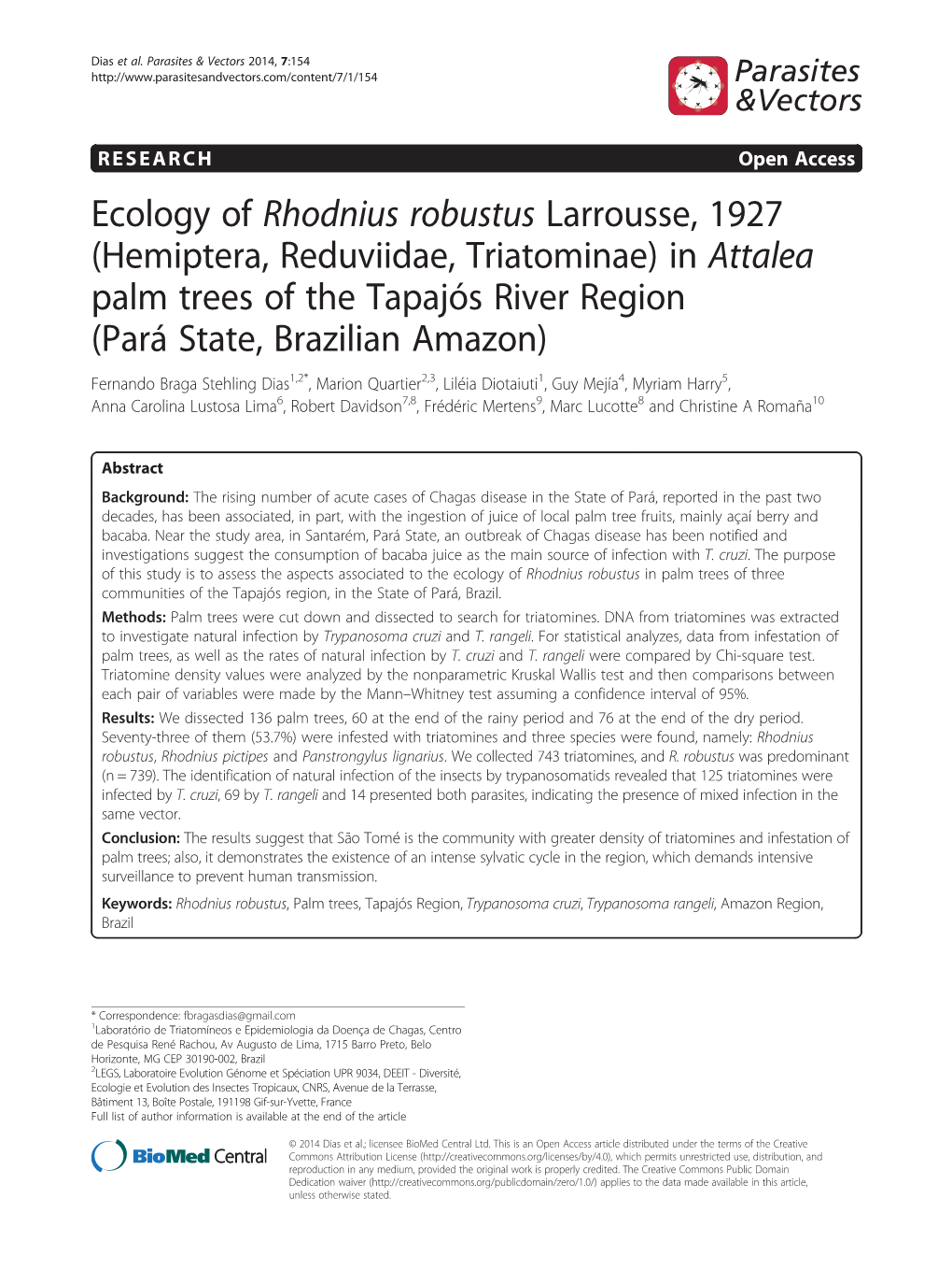 Ecology of Rhodnius Robustus Larrousse, 1927 (Hemiptera