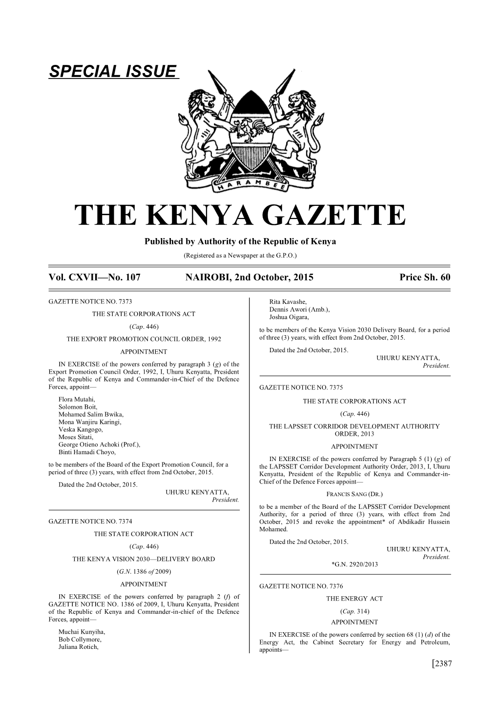 THE KENYA GAZETTE Published by Authority of the Republic of Kenya (Registered As a Newspaper at the G.P.O.)