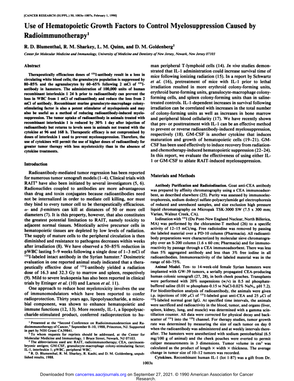 Use of Hematopoietic Growth Factors to Control Myelosuppression Caused by Radioimmunotherapy1