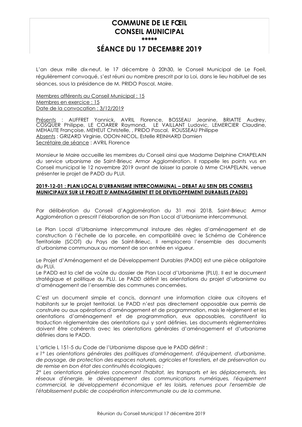 Commune De Le Fœil Conseil Municipal ***** Séance Du 17 Decembre 2019