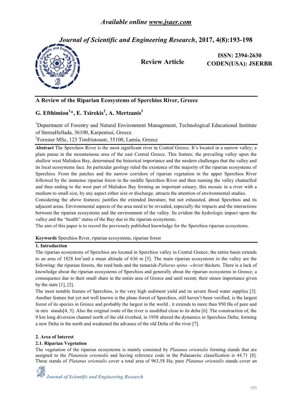 JSERBR a Review of the Riparian Ecosystems of Sperchios River, Greece G. Efthimiou