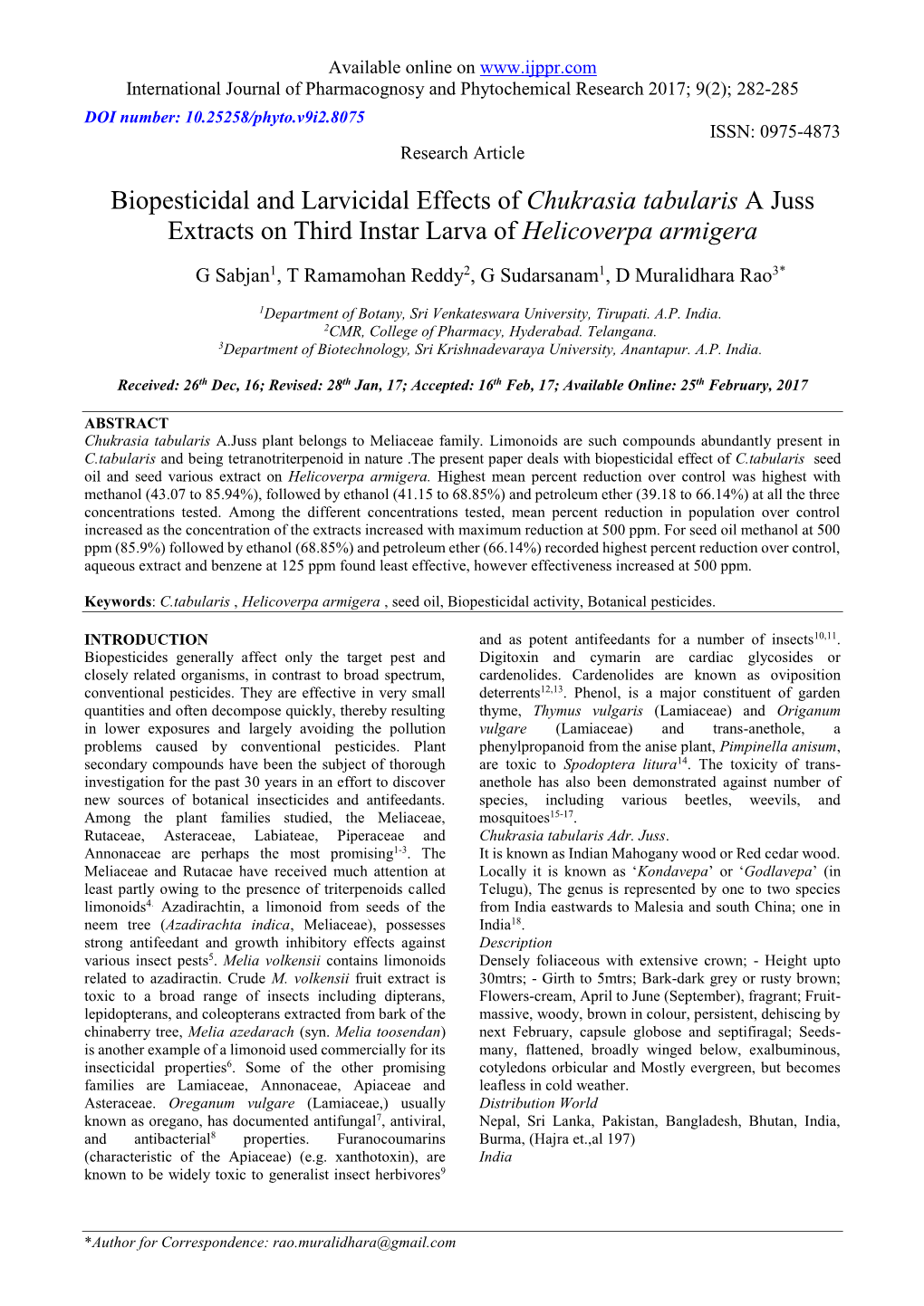 Chukrasia Tabularis a Juss Extracts on Third Instar Larva of Helicoverpa Armigera