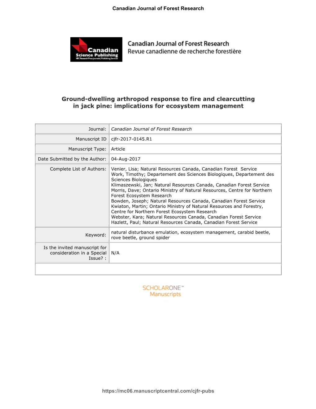 Ground-Dwelling Arthropod Response to Fire and Clearcutting in Jack