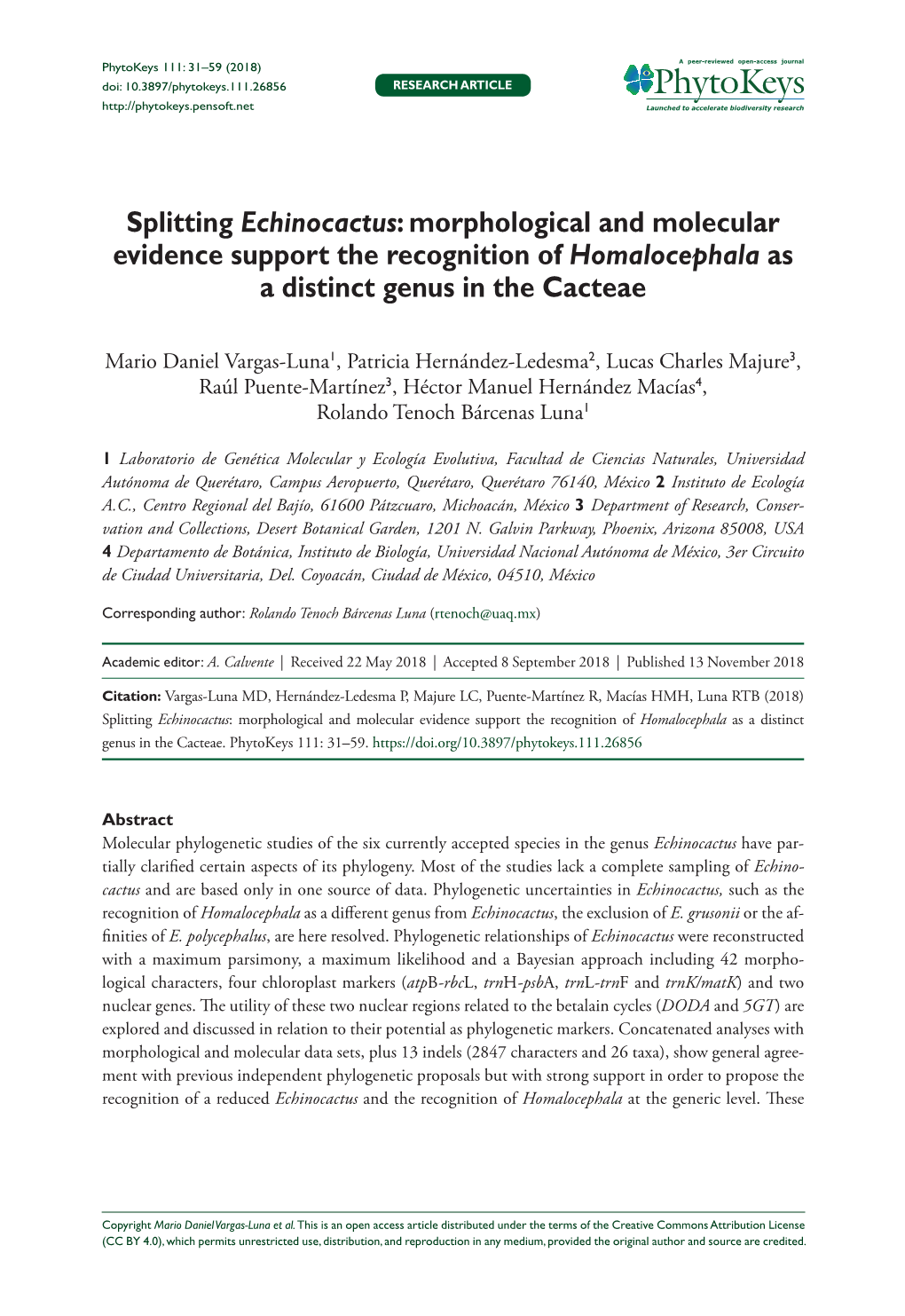 Splitting Echinocactus: Morphological and Molecular Evidence