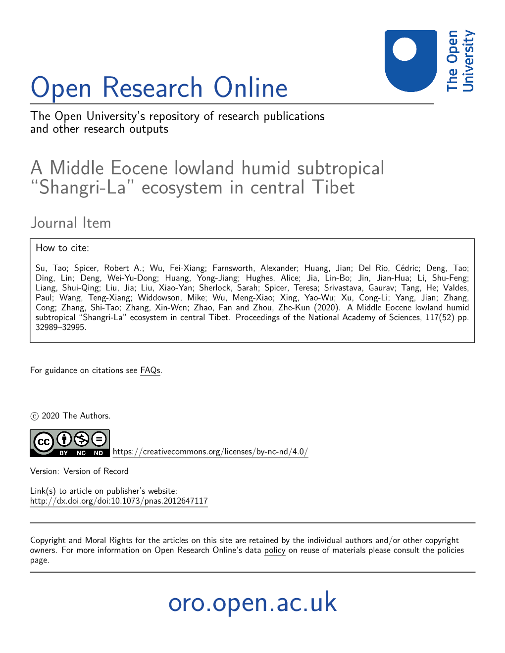 A Middle Eocene Lowland Humid Subtropical “Shangri-La” Ecosystem in Central Tibet