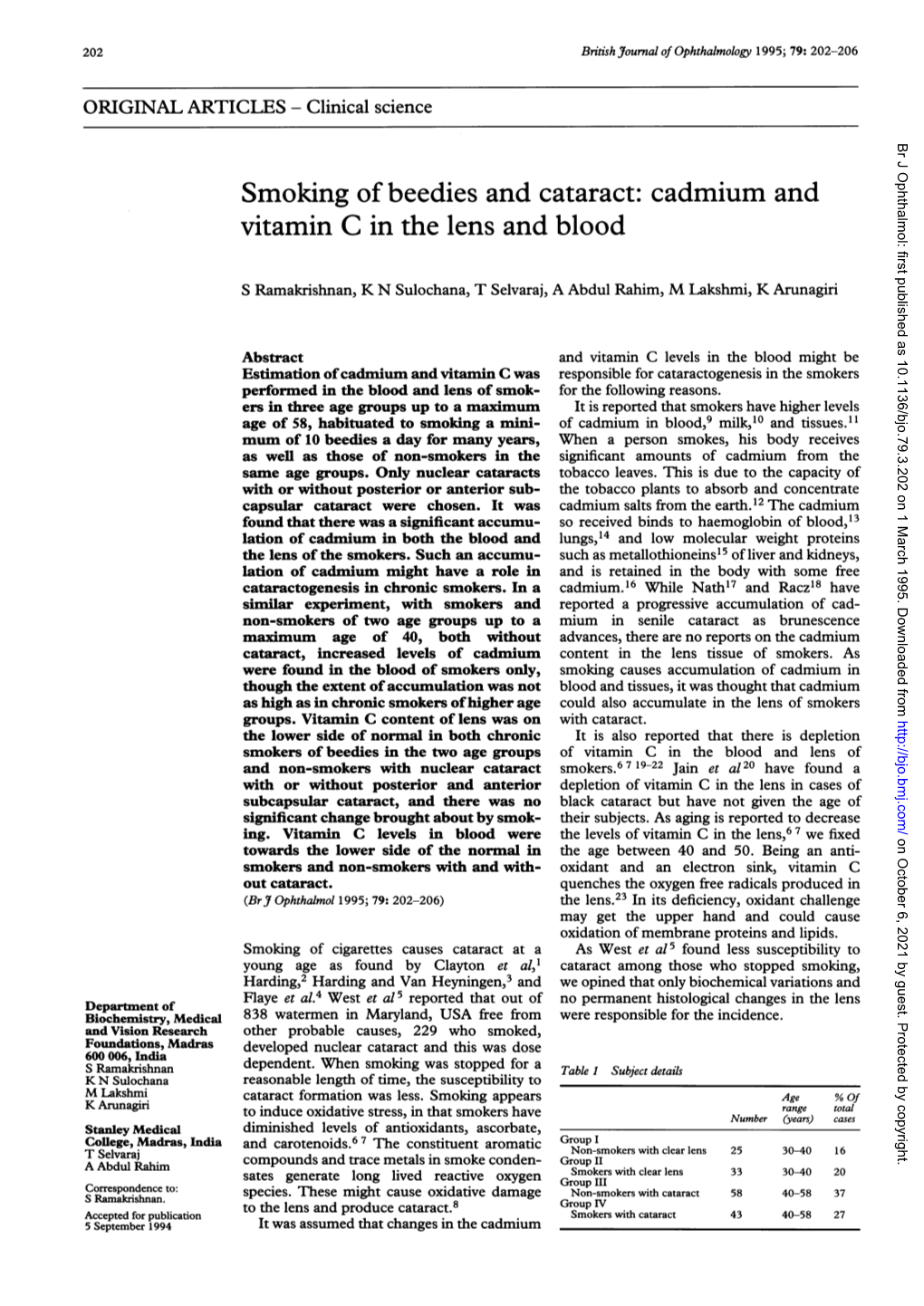 Smoking of Beedies and Cataract: Cadmium and Vitamin C in the Lens and Blood