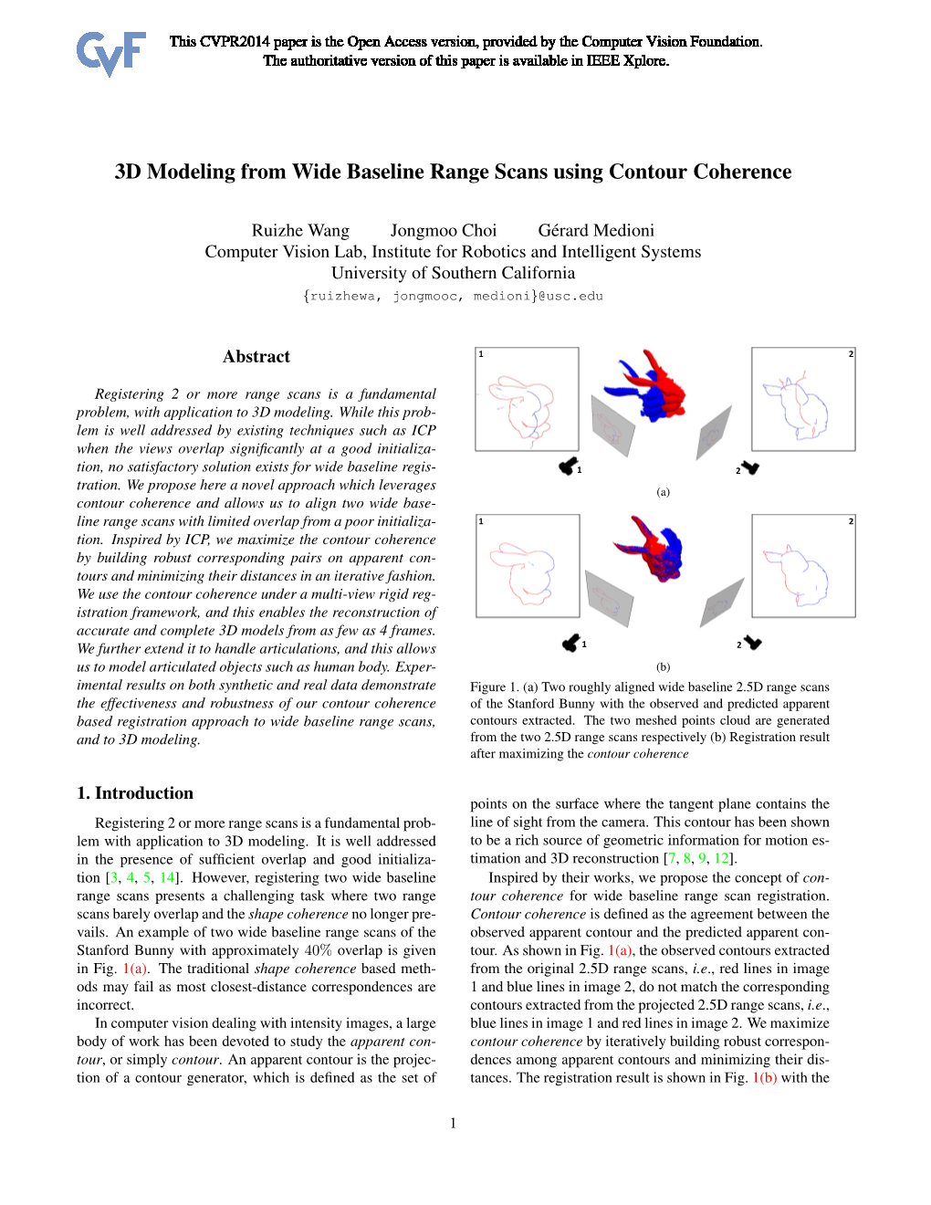 3D Modeling from Wide Baseline Range Scans Using Contour Coherence