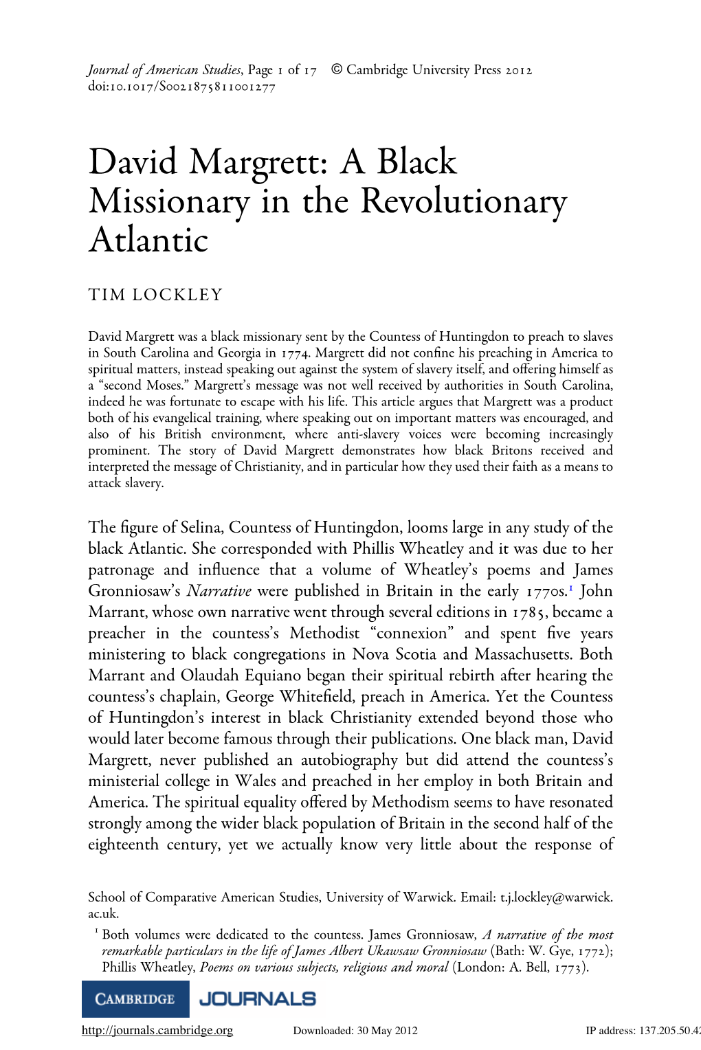 David Margrett: a Black Missionary in the Revolutionary Atlantic