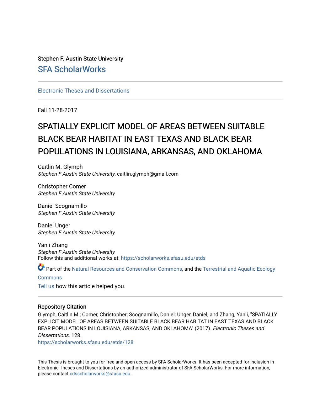 Spatially Explicit Model of Areas Between Suitable Black Bear Habitat in East Texas and Black Bear Populations in Louisiana, Arkansas, and Oklahoma