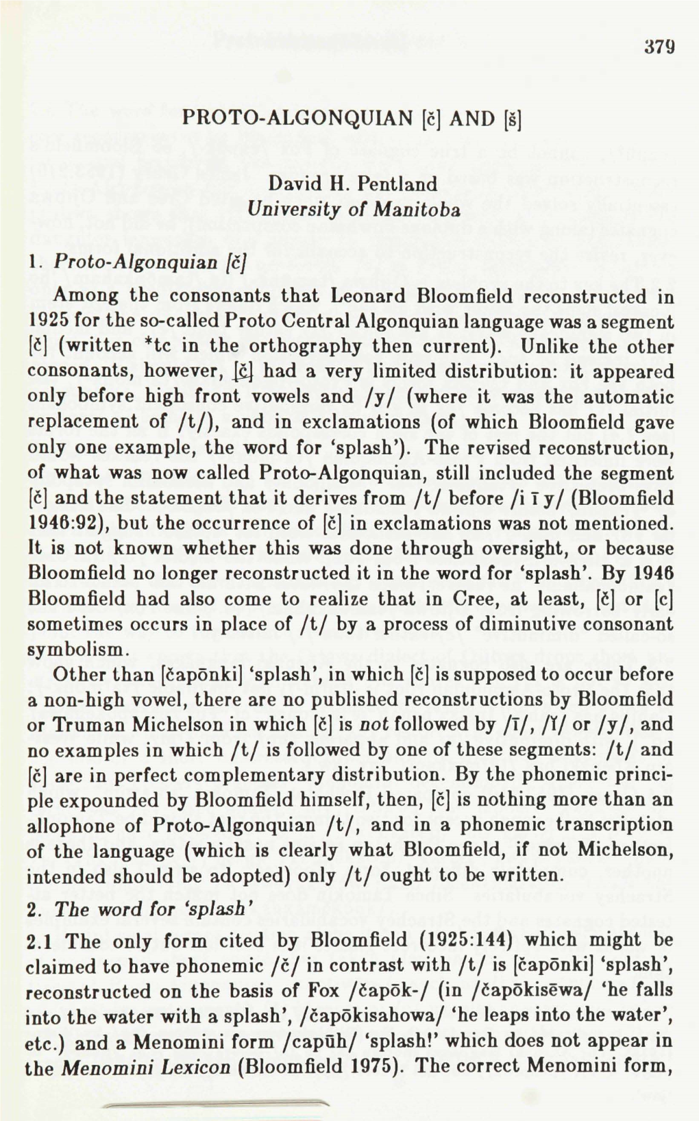 1. Proto-Algonquian Fe] University of Manitoba 379 2. the Word for 'Splash'