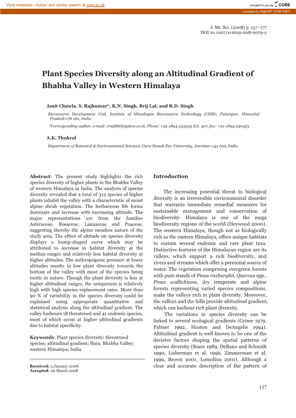 Plant Species Diversity Along an Altitudinal Gradient of Bhabha Valley in Western Himalaya