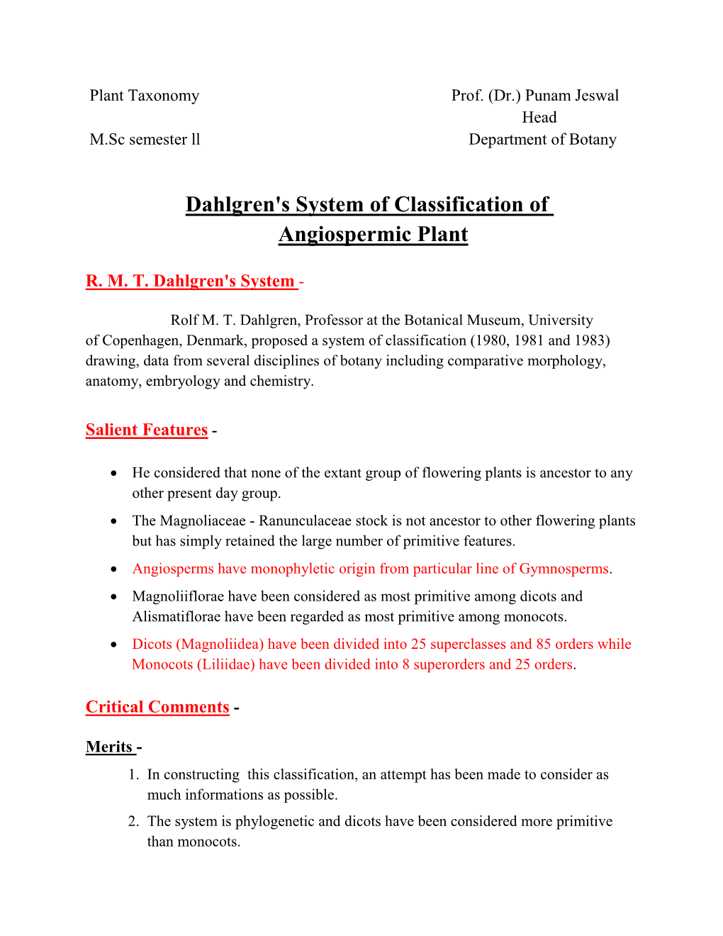 Dahlgren's System of Classification of Angiospermic Plant