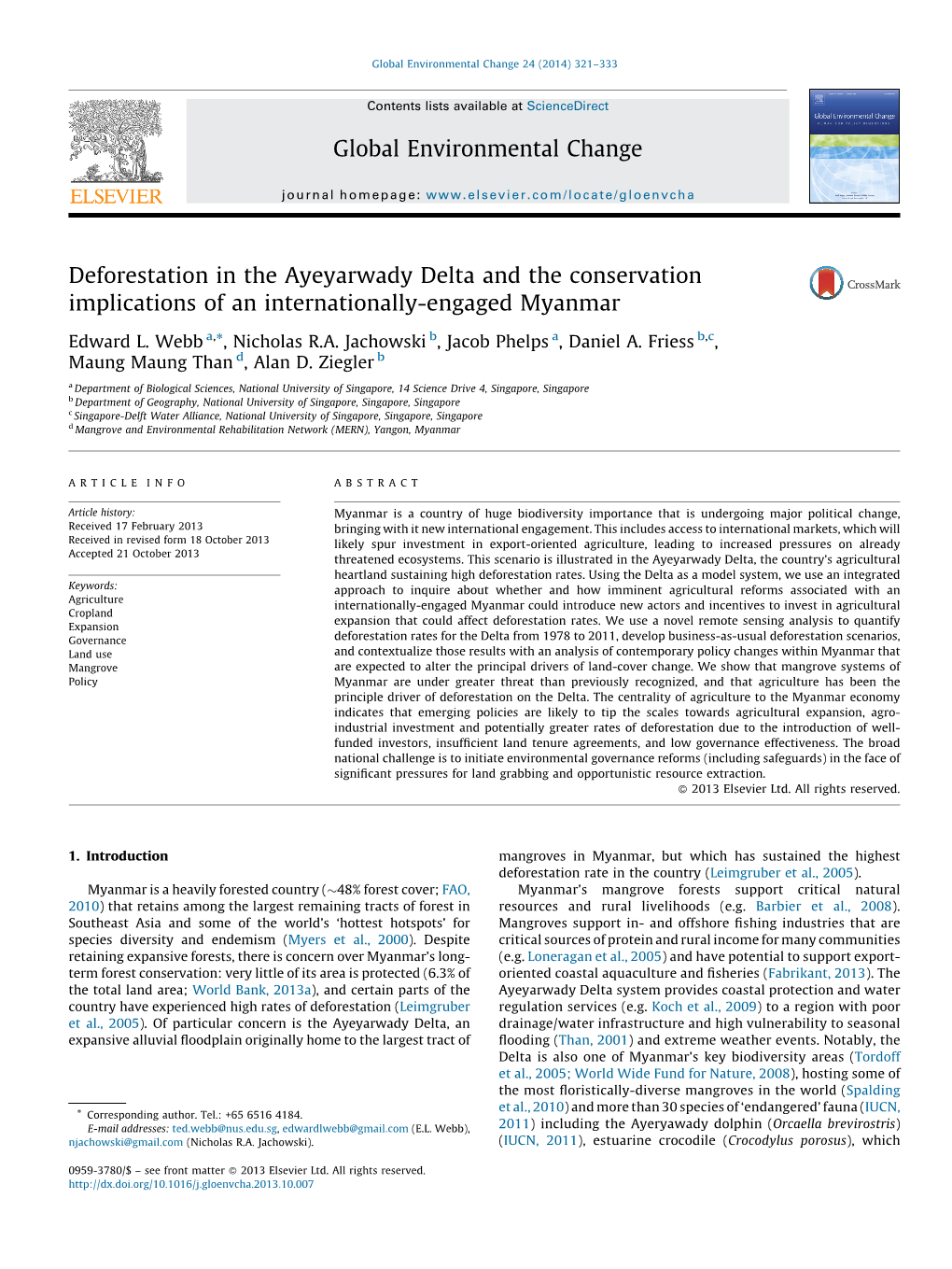 Deforestation in the Ayeyarwady Delta and the Conservation Implications of an Internationally-Engaged Myanmar