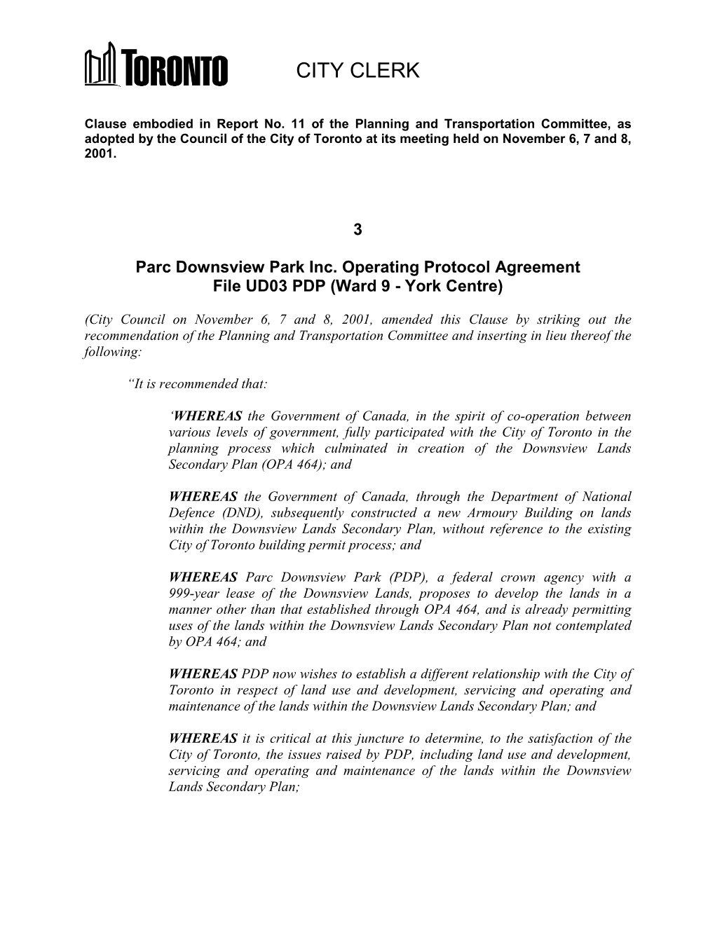 3 Parc Downsview Park Inc. Operating Protocol Agreement File UD03