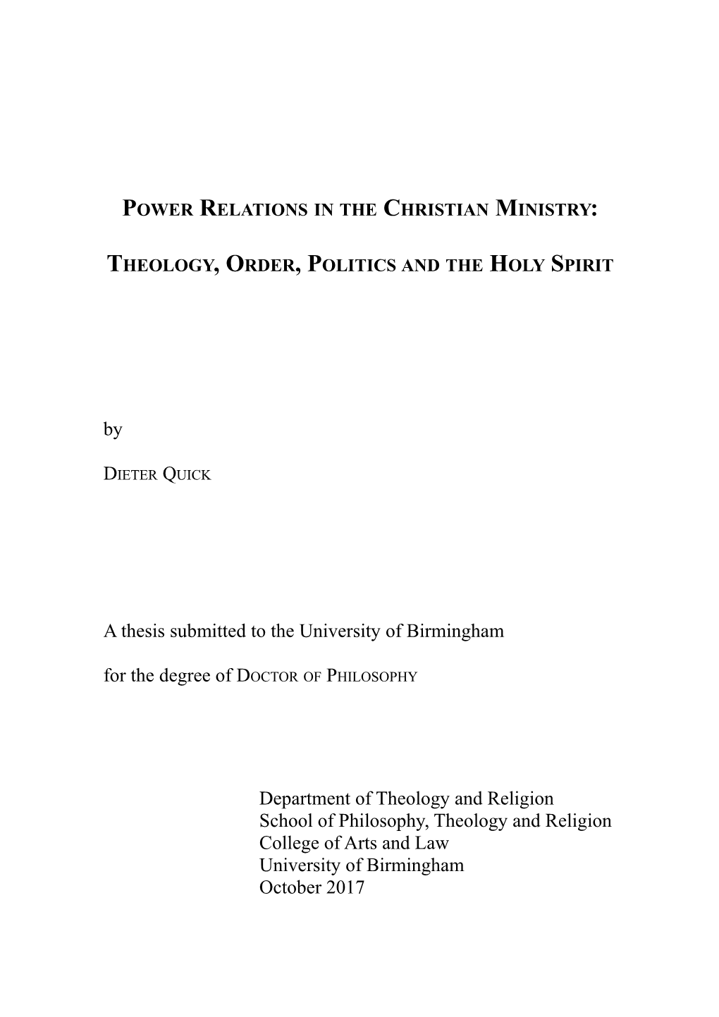 Power Relations in the Christian Ministry: Theology, Order, Politics and the Holy Spirit