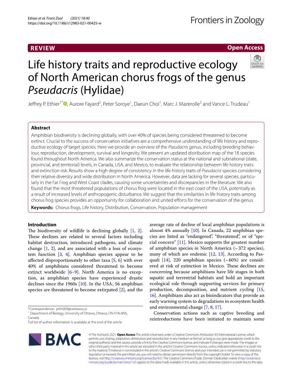 Life History Traits and Reproductive Ecology of North American Chorus Frogs of the Genus Pseudacris (Hylidae) Jefrey P