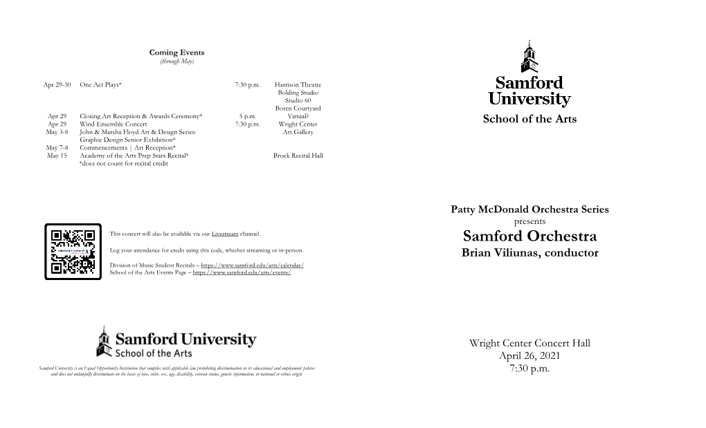 Samford Orchestra Log Your Attendance for Credit Using This Code, Whether Streaming Or In-Person