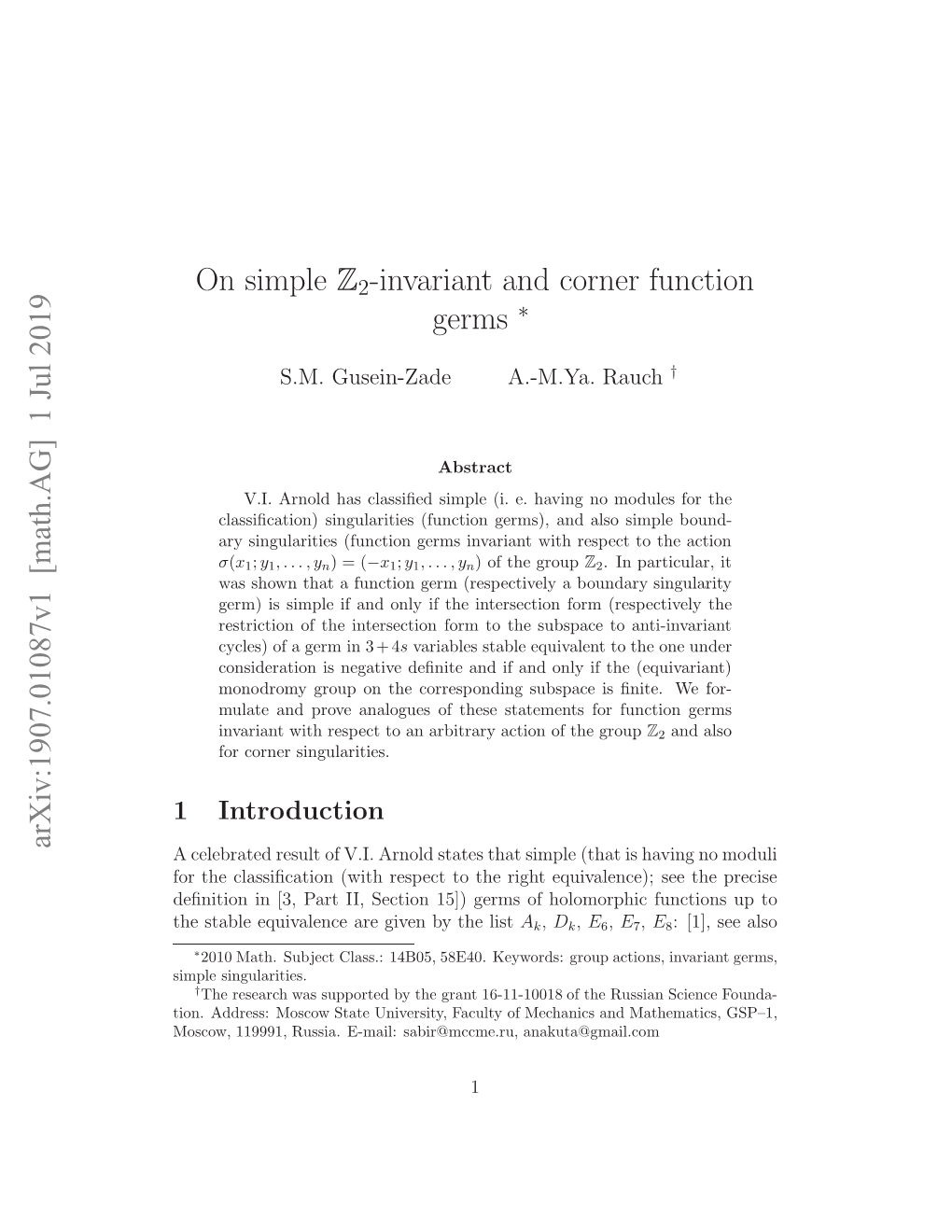 On Simple $ Z 2 $-Invariant and Corner Function Germs